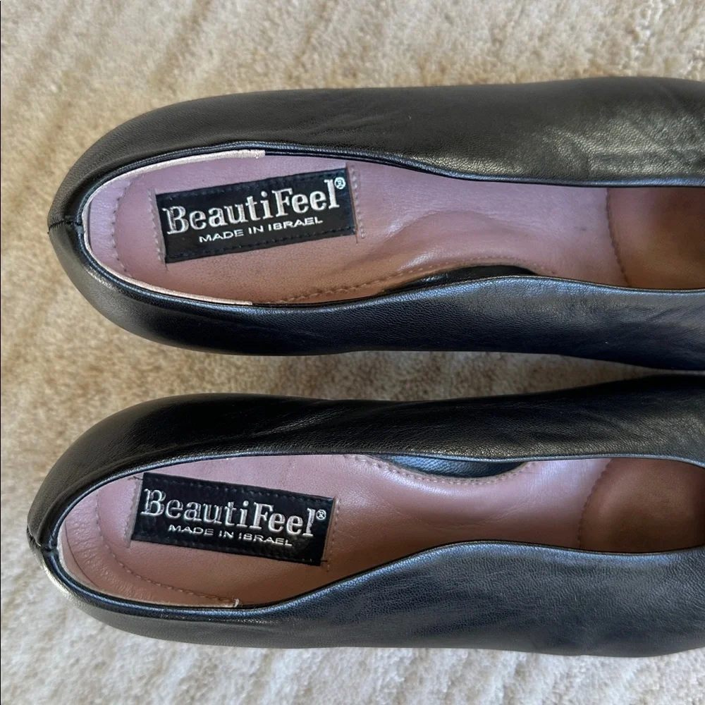 EUC Beautifeel Maya Black Leather/Patent Cap Toe Slip On Pump Heels 38 | 7-7.5